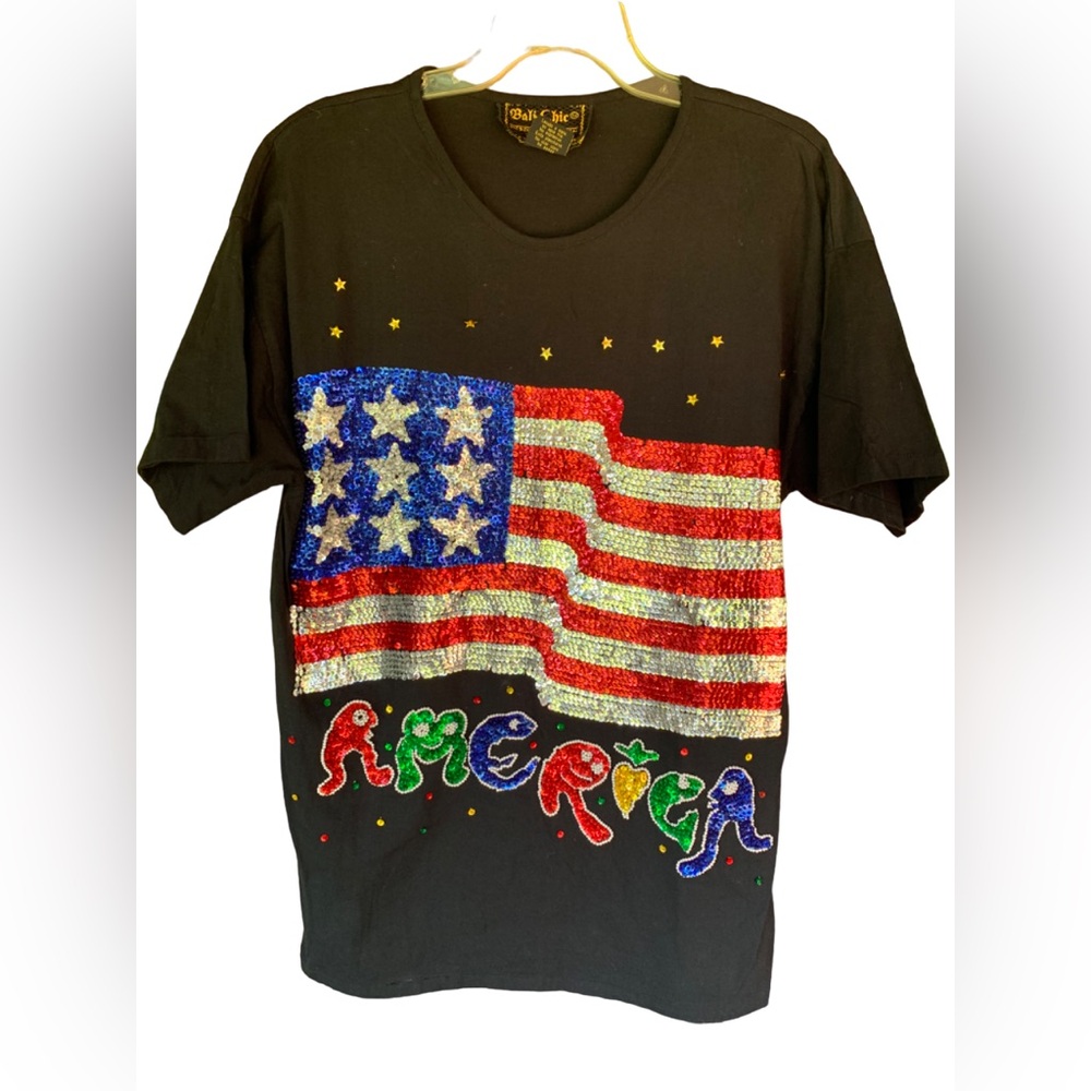Vintage Bali Chic Sequin America Flag Shirt Patriotic 90s Y2K July 4th One Size